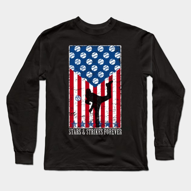 Stars and Strikes Forever Baseball Pitcher American Flag Long Sleeve T-Shirt by TeeCreations